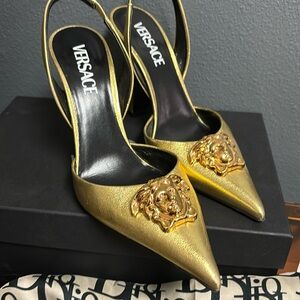 Versace Gold Foil Leather Medusa Pointed Toe Slingback Pumps